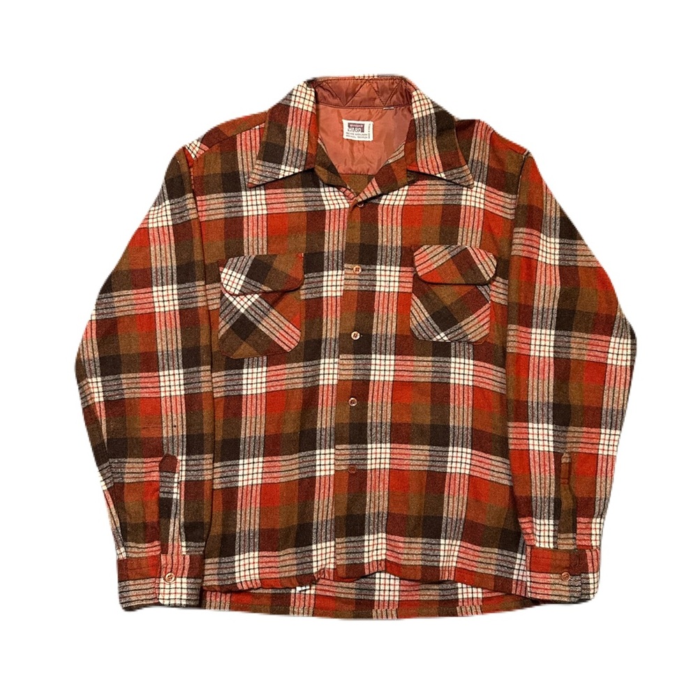 VTG 50s 60s Montgomery Ward Plaid Wool Blend Loop Collar Board Shirt men’s large